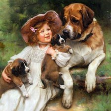 Схема вышивки «Девочка и собаки»