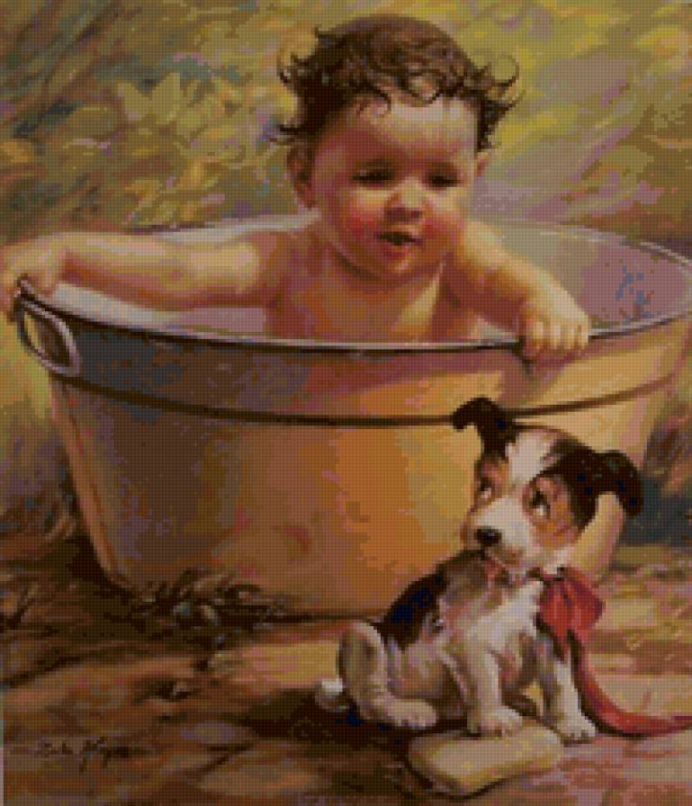 Давай ко мне! - купание, щенок, ребенок, собака - предпросмотр