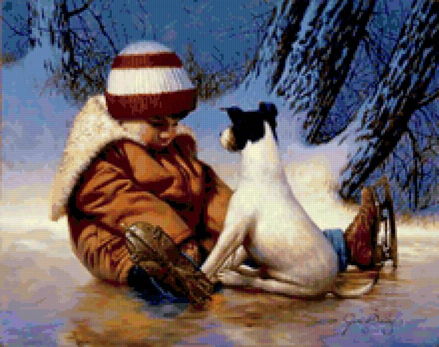 На катке - животные, щенок, каток, зима, мальчик, собака, ребенок, коньки - предпросмотр