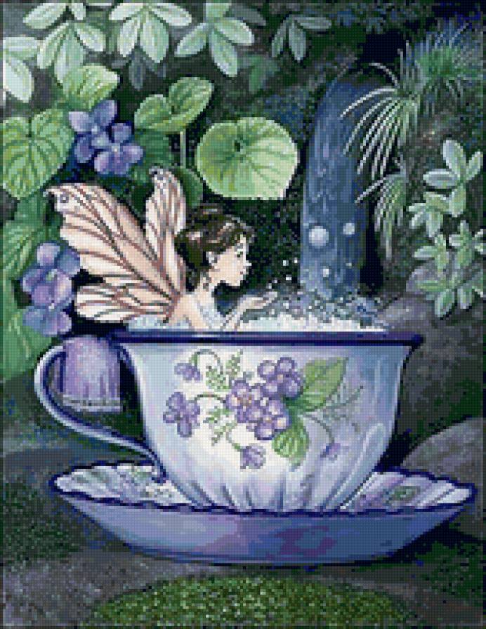 Купание цветочной феи - фэнтези, фея, кружка, цветы, нимфа - предпросмотр