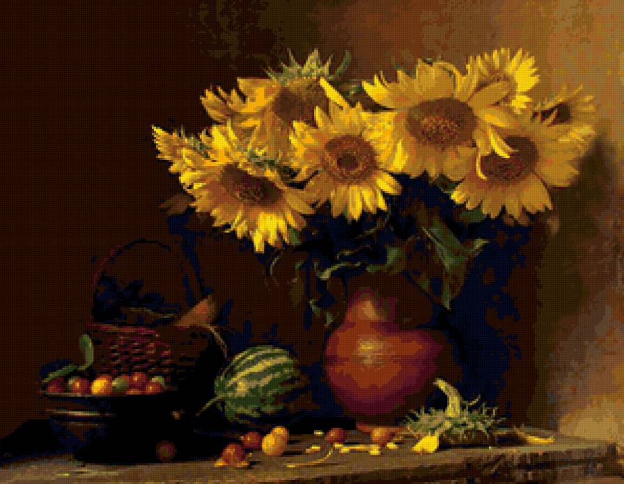 №70221 - подсолнухи, фрукты, натюрморт, букет, йветы - предпросмотр