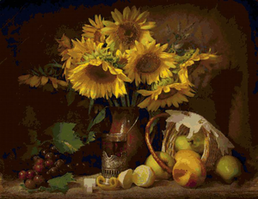 №70225 - подсолнухи, фрукты, цветы, натбрморт, букет - предпросмотр