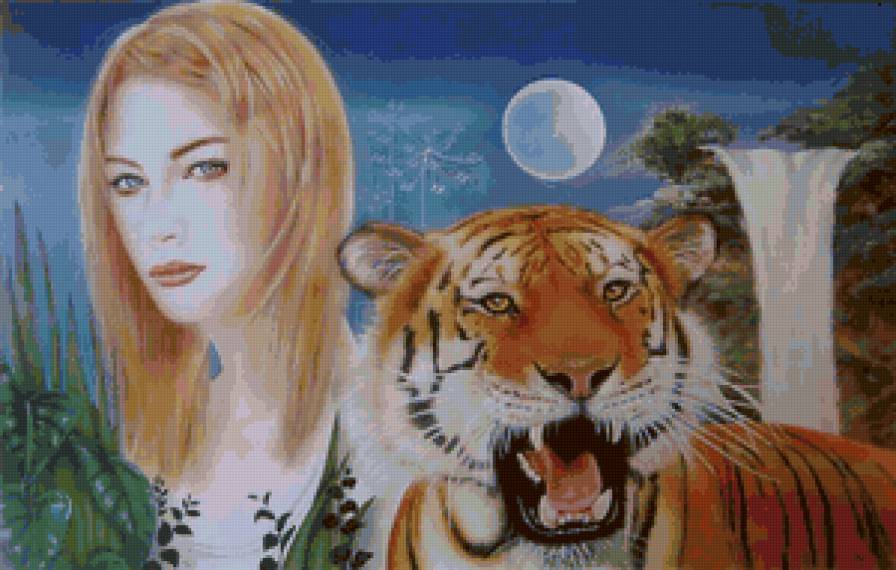 девушка и тигр - картина, кошки, хищники, животные, женщина, девушки, тигры, образ - предпросмотр