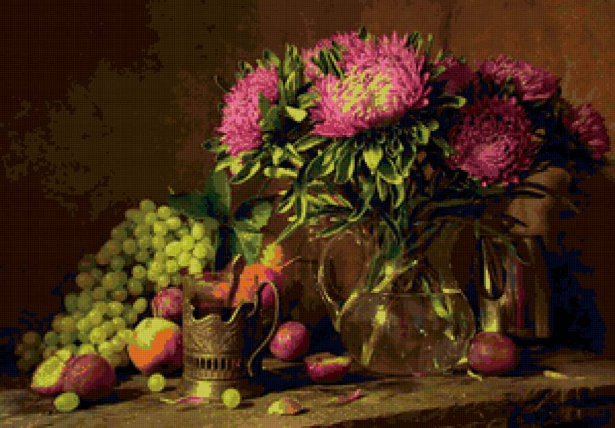№70768 - натюрморт, цветы, астры, букет, фрукты - предпросмотр