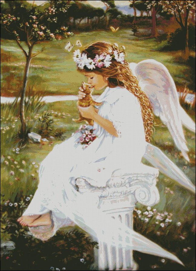 Ангелок с котенком на руках - ребенок, ангел, цветы, девочка, котенок - оригинал