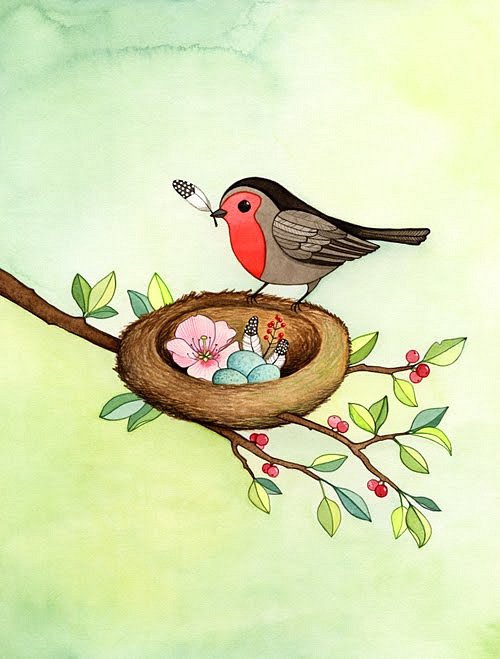 В гнезде - ветка, птичка, веточка, птица, гнездо, ягоды, цветок - оригинал