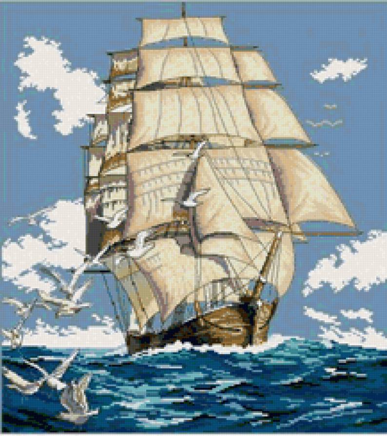 Корабль - пейзаж, корабль, море, чайка - предпросмотр