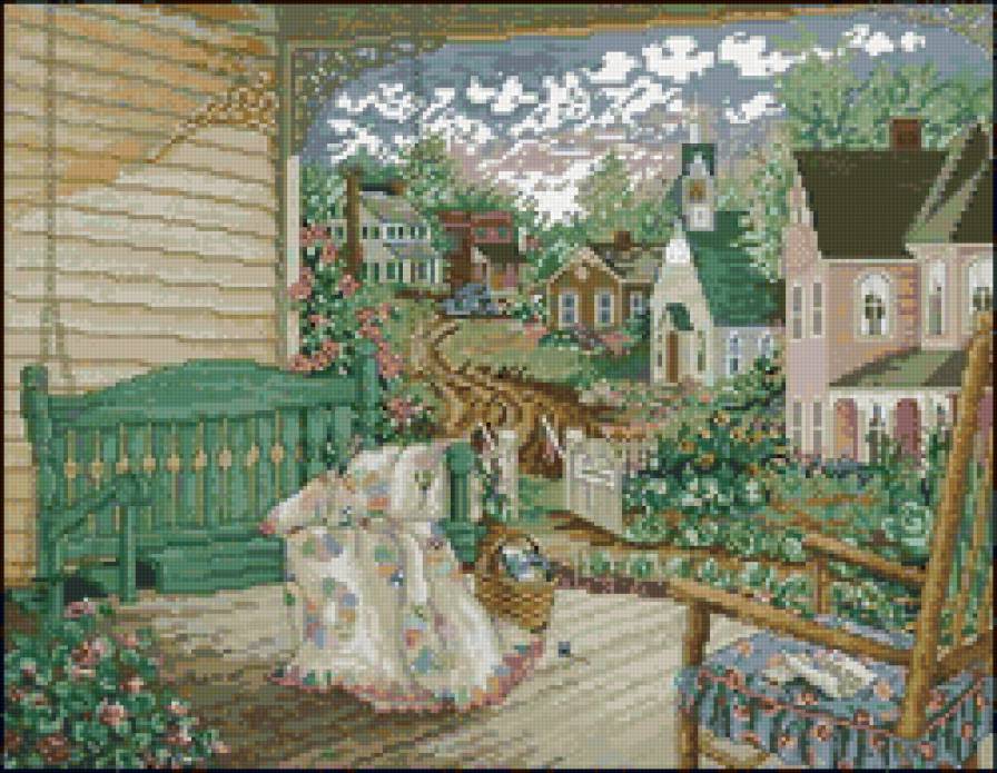 Деревенский пейзаж - природа, деревенский пейзаж, цветы, пейзаж, веранда - предпросмотр