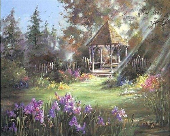 Беседка - пейзаж, цветы, беседка, природа - оригинал