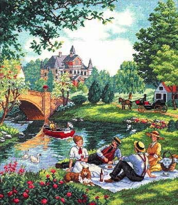 Пикник - сюжет, пейзаж, природа, пикник, лодка, мост, река, цветы, дама - оригинал