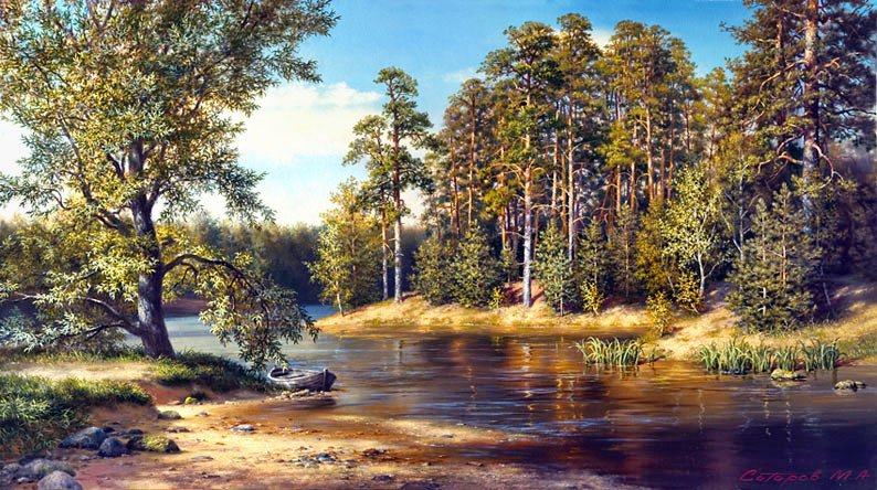 Лес - река, лес, картина - оригинал