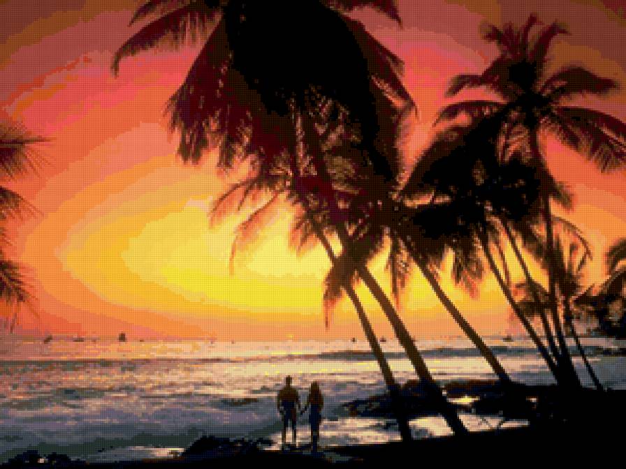 влюбленные - влюбленные, закат, море, берег, пальмы - предпросмотр