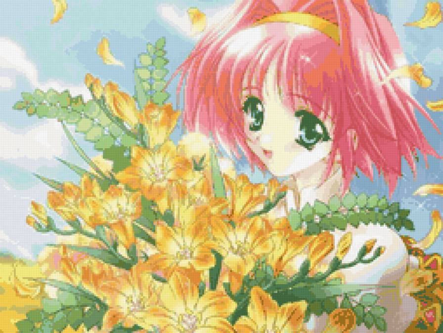 девочка аниме - цветы, букет, девочка, аниме - предпросмотр