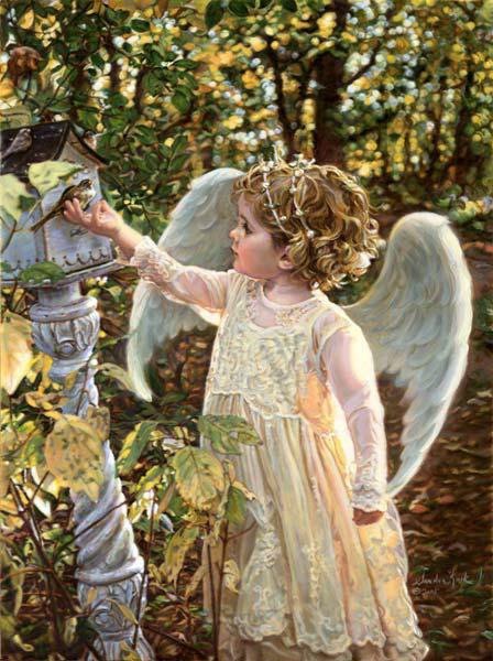 Ангелок и птичка - птица, ребенок, девочка, ангел - оригинал