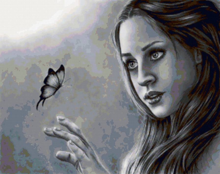 Черно-белое 1 - бабочка, графика, девушка - предпросмотр