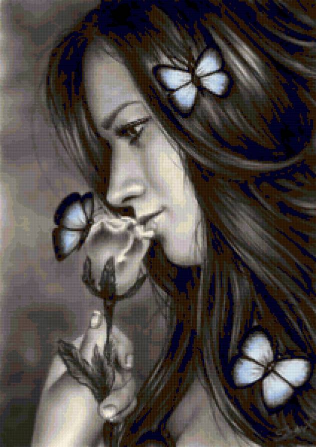 Черно-белое 4 - бабочка, графика, девушка - предпросмотр