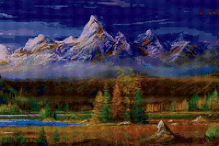 пейзаж - лес, горы, река, осень - предпросмотр