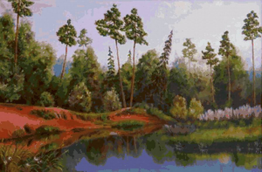 берег - река, берег, отражения, живопись, природа, деревья, озеро - предпросмотр