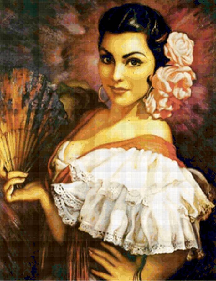 Художник Jesus Helguera - дама, девушка, испания, веер, красота - предпросмотр