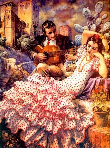 Художник Jesus Helguera - гитара, испания, девушка, мужчина, двое, музыка, красота - оригинал