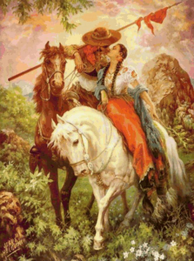 Художник Jesus Helguera - девушка, сюжет, двое, любовь, поцелуй, этно, мужчина - предпросмотр