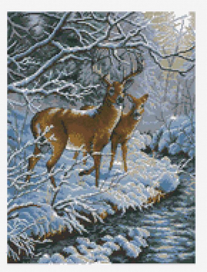 Олени - животные, зима, пейзаж, река, олени - предпросмотр