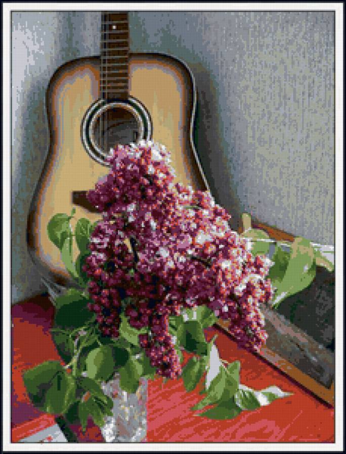 Натюрморт с сиренью - сирень, цветы, гитара, натюрморт, букет - предпросмотр