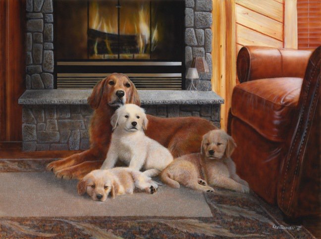 Семья у камина - животные, собака, камин, щенок - оригинал