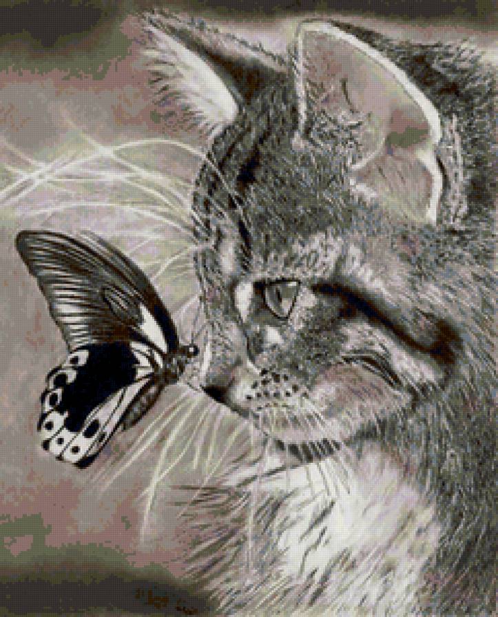 №73722 - кошки, бабочки, животные, картина - предпросмотр