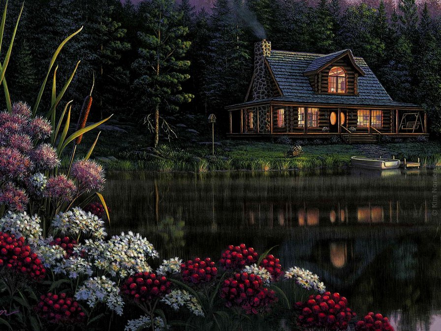 Kim Norlien - цветы, вечер, пейзаж, природа, дом - оригинал