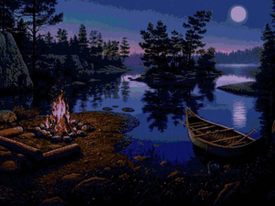 Kim Norlien - вечер, лес, лодка, река, пейзаж, огонь - предпросмотр
