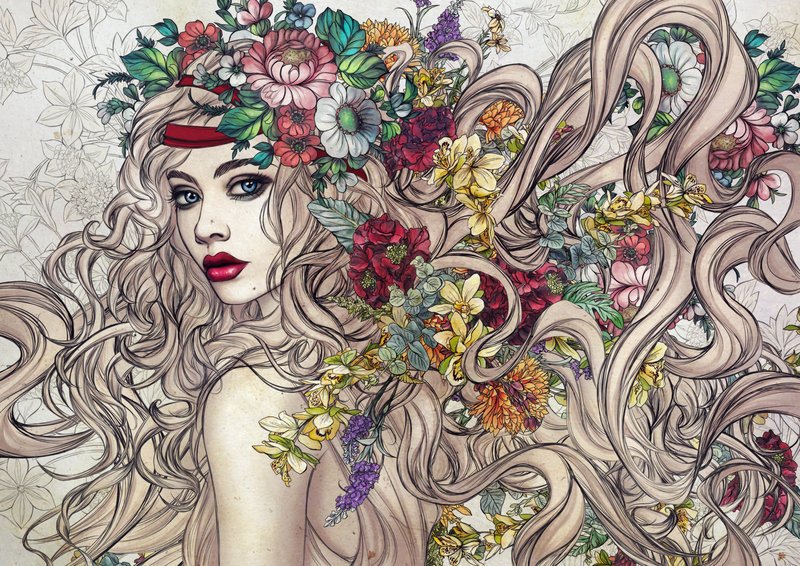 №73833 - девушка, абстракция, картина, цветы - оригинал