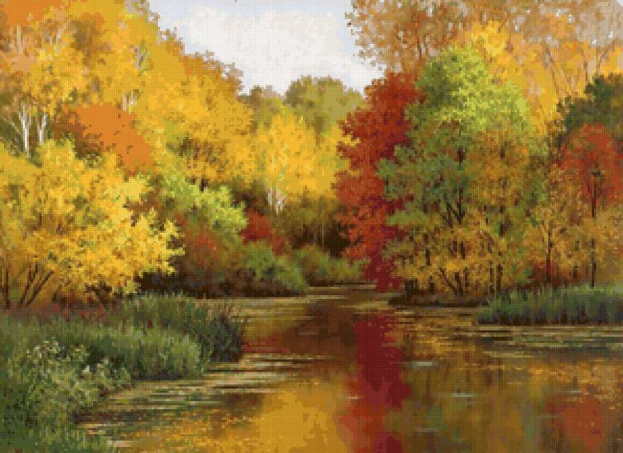 Краски осени - природа, живопись, лес, картина, пейзаж, осень, река - предпросмотр