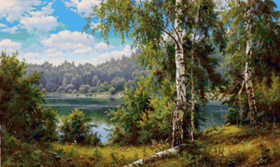 У реки - лес, природа, живопись, река, пейзаж, лето, картина - предпросмотр