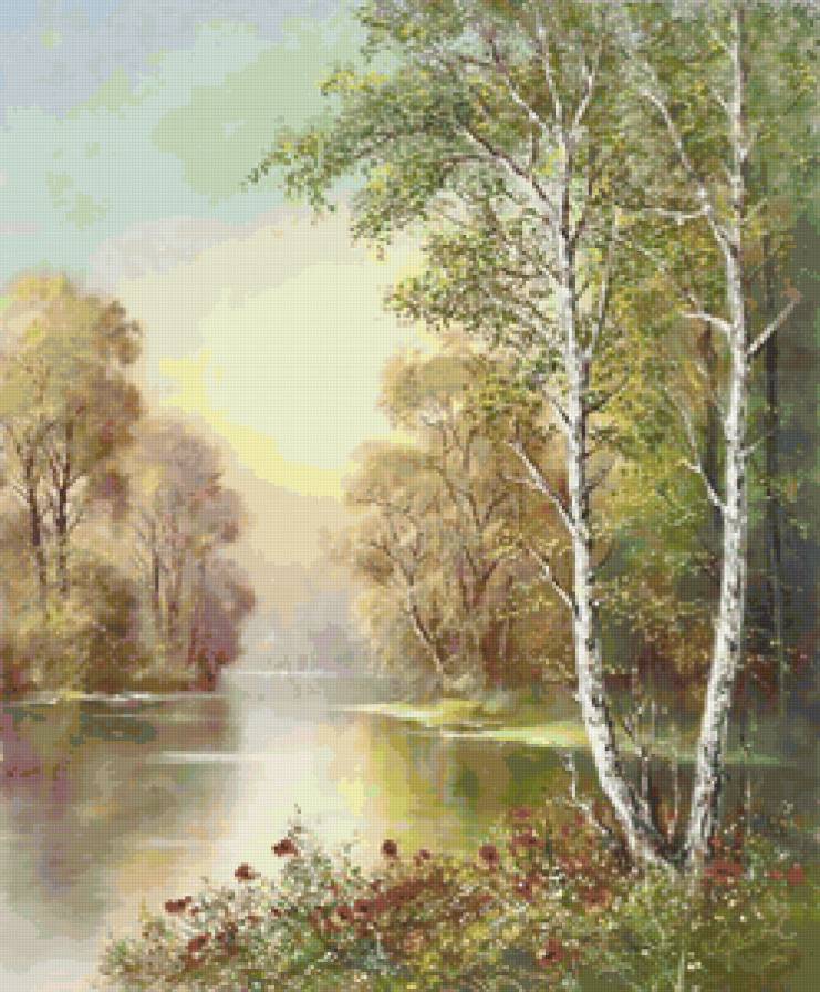 Весенняя река - живопись, лес, пейзаж, картина, природа, весна, река - предпросмотр