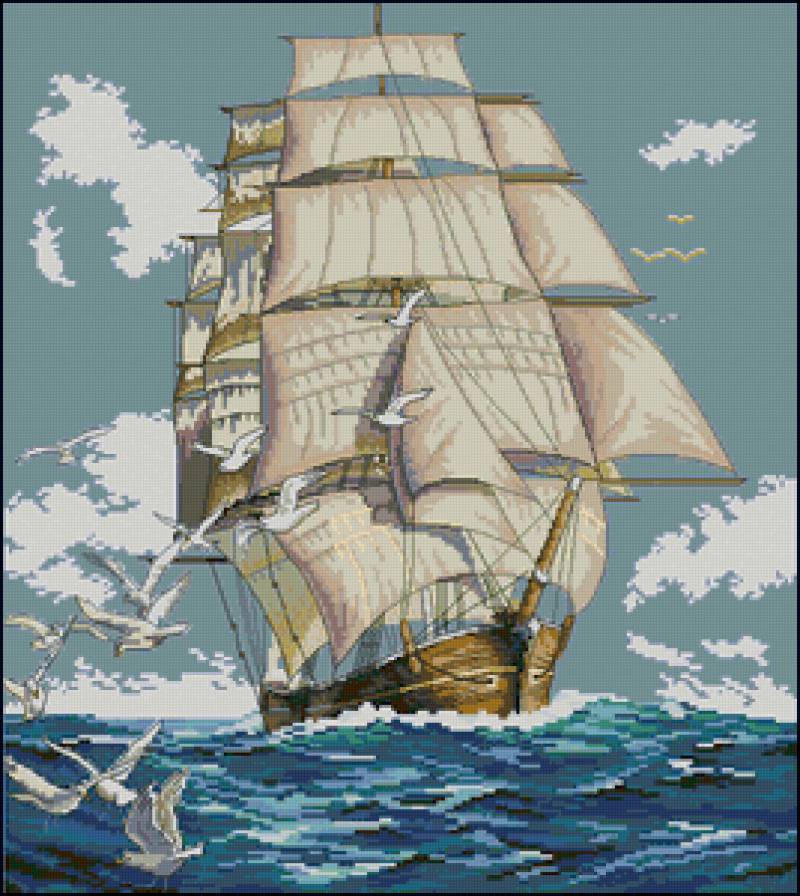 парусник - корабль, птицы, небо, чайки, море, океан - предпросмотр