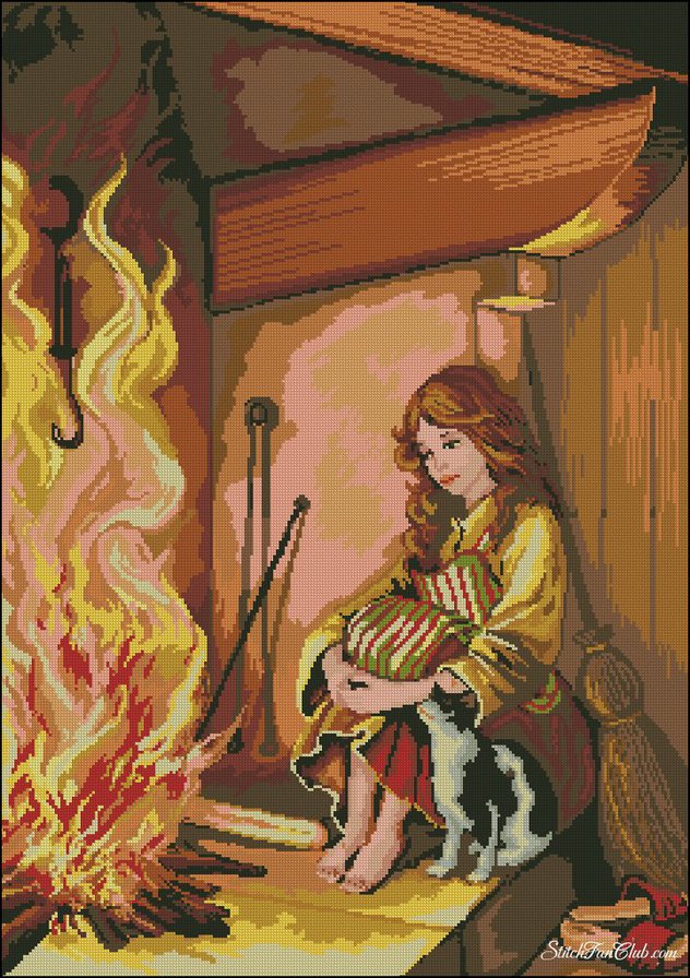 девочка у костра - костер, природа, огонь, дети, животные - оригинал