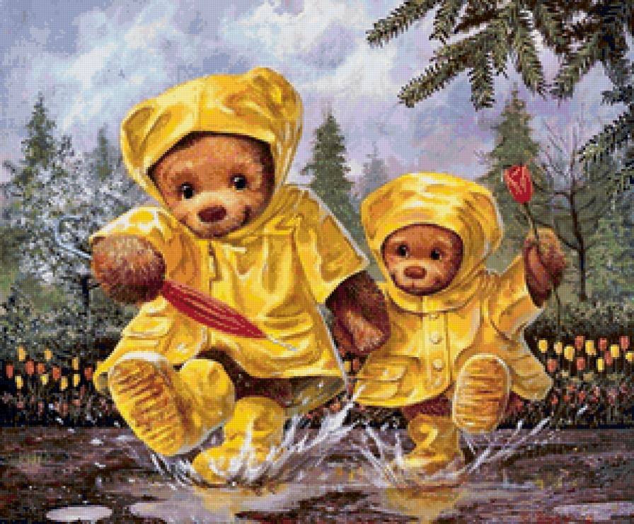 Медвежата - дождь, медвежонок, детское, животные, медведь, хищник - предпросмотр