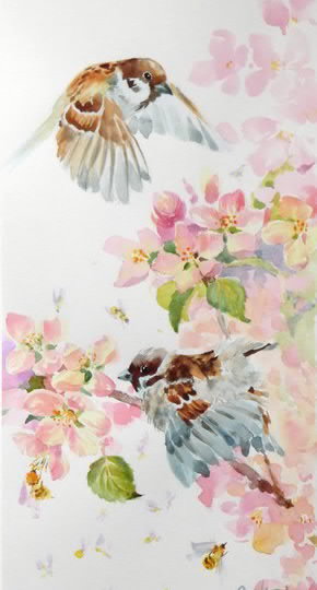 Весна Ольга Цурина - весна, вишня, цветы, птичка, воробей, розовый - оригинал