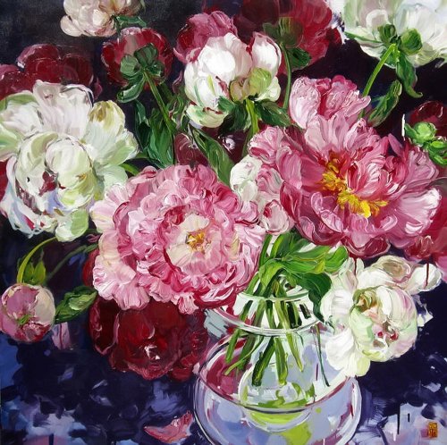 Подушка "Пионы" - букет, подушка, пионы, цветы - оригинал