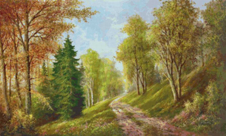 Лесная дорога - природа, живопись, лес, дорога, пейзаж, картина - предпросмотр