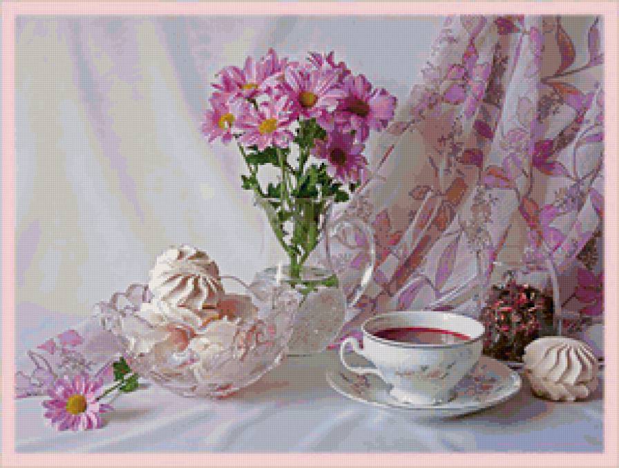 Розовое утро - букет, чай, цветы, натюрморт - предпросмотр