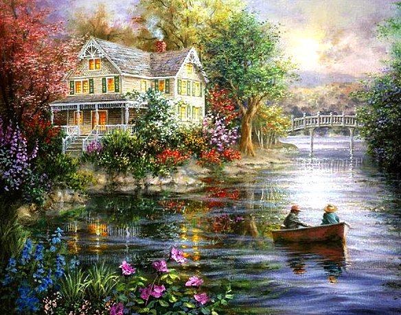 Красивый домик у реки - река, мост, лодка, домик - оригинал