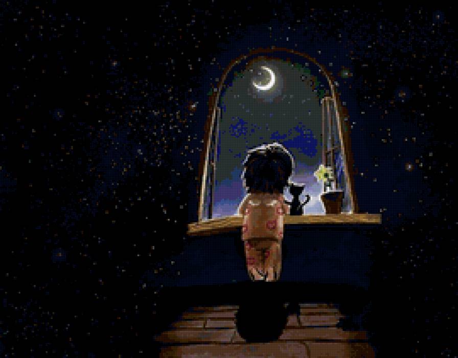 Бессонница - ночь, кошка, луна, сон, ребенок - предпросмотр