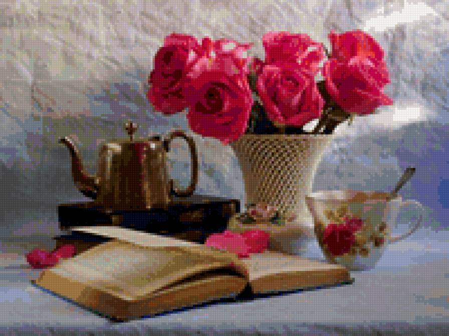 натюрморт с книгой - цветы, натюрморт - предпросмотр