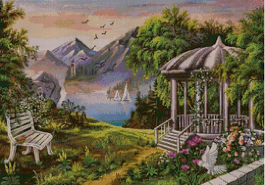 Беседка - беседка, пейзаж, природа, цветы - предпросмотр