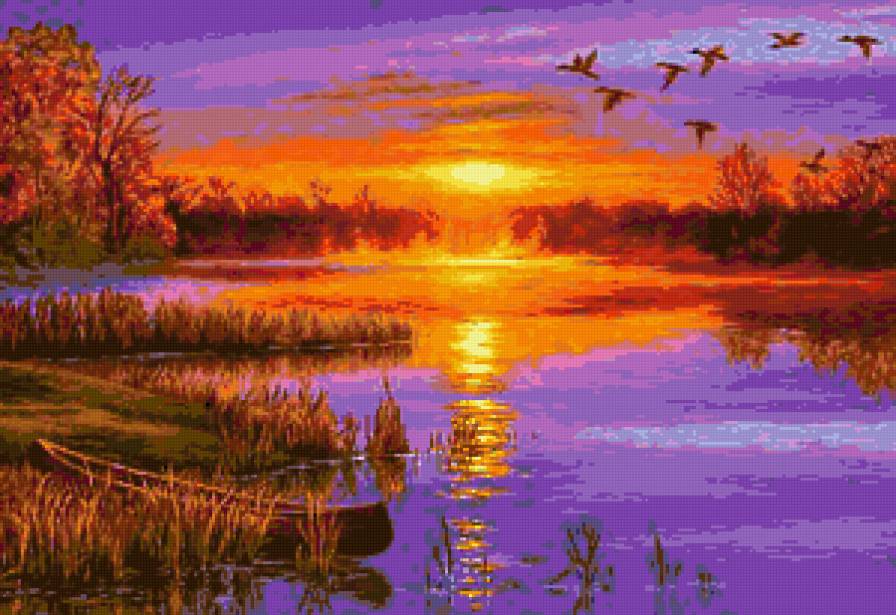 Закат над речкой - закат - предпросмотр