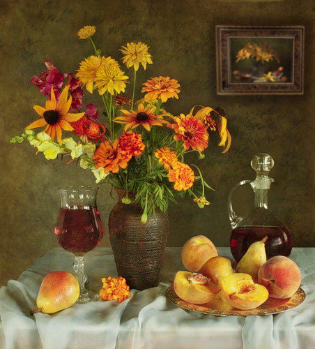 №77102 - букет, натюрморт, цветы, фрукты - оригинал