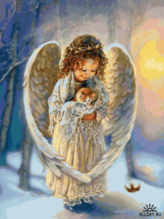 ангел - дети, ангелы, ангел, пейзаж, девочка, котенок, фэнтези - предпросмотр