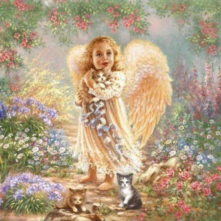 ангел - ангел, дети, цветы, ангелы, сады, котенок - оригинал